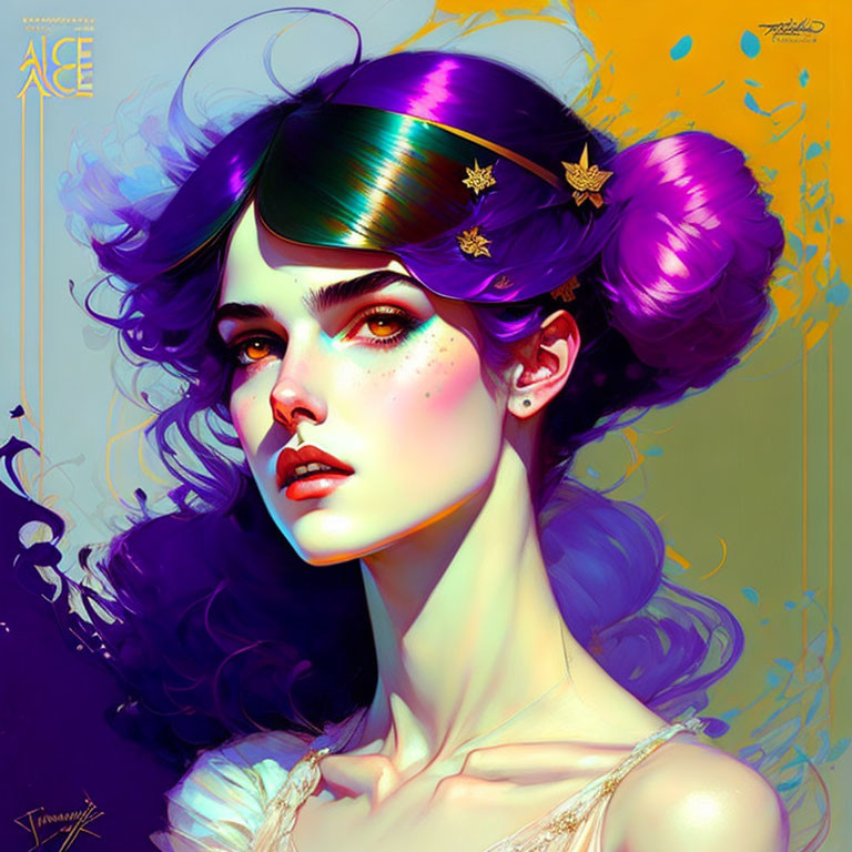 Futuristic woman illustration with purple hair and star decorations