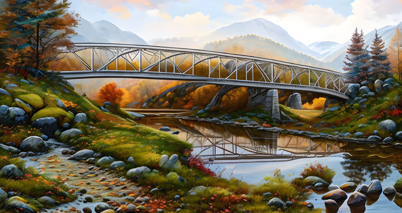 Tranquil autumn landscape with river, stone bridge, colorful trees.