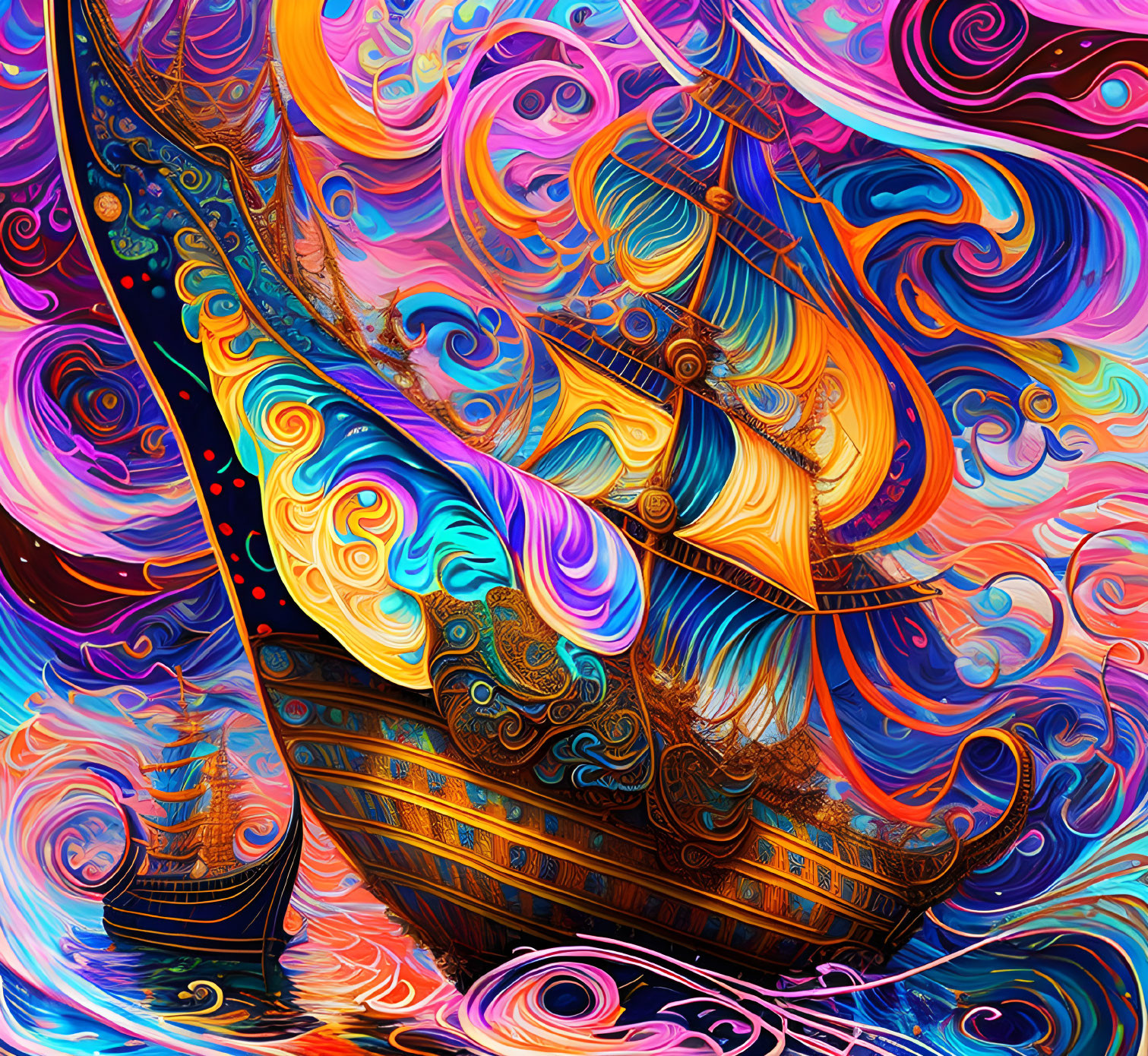 Colorful Psychedelic Sailing Ship Artwork with Whimsical Sky