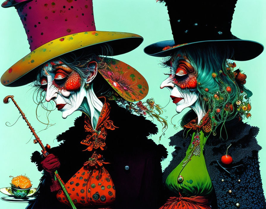 Whimsical characters in colorful top hats and Victorian attire