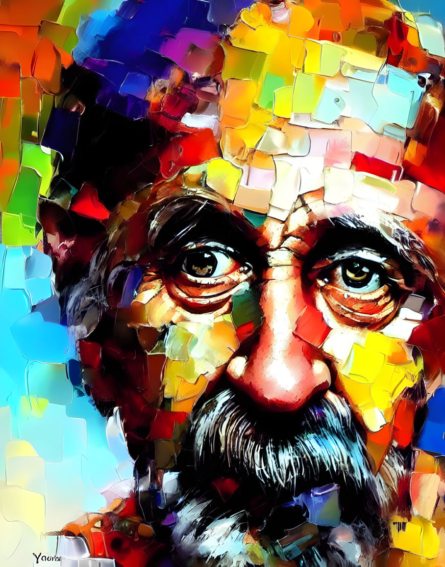 Colorful Abstract Digital Portrait of Elderly Man with Expressive Eyes