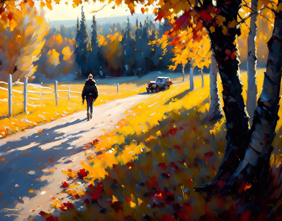 Person walking on sunlit rural road with autumn trees and car.