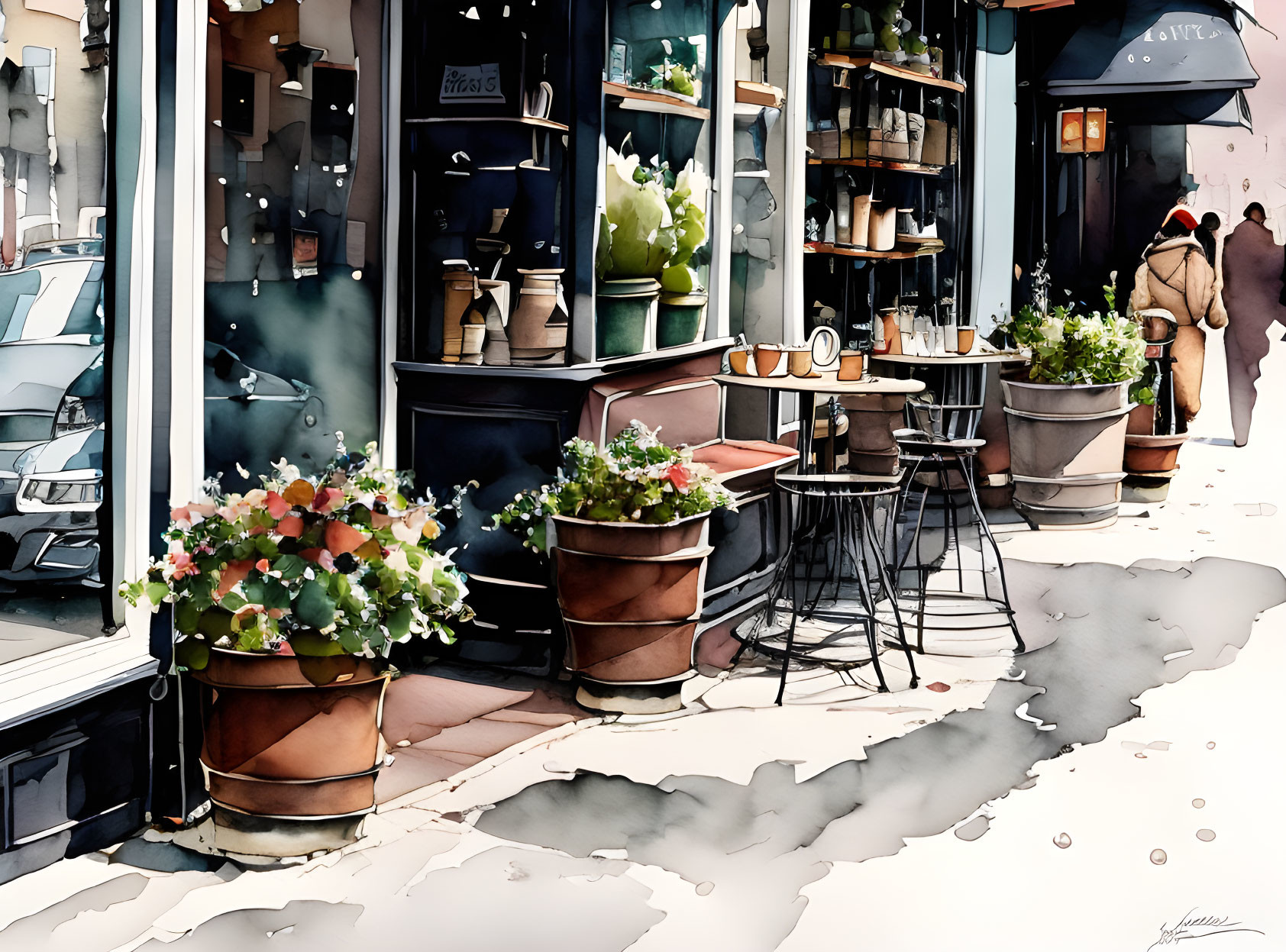 Quaint street scene with café, flower pots, and pedestrians.