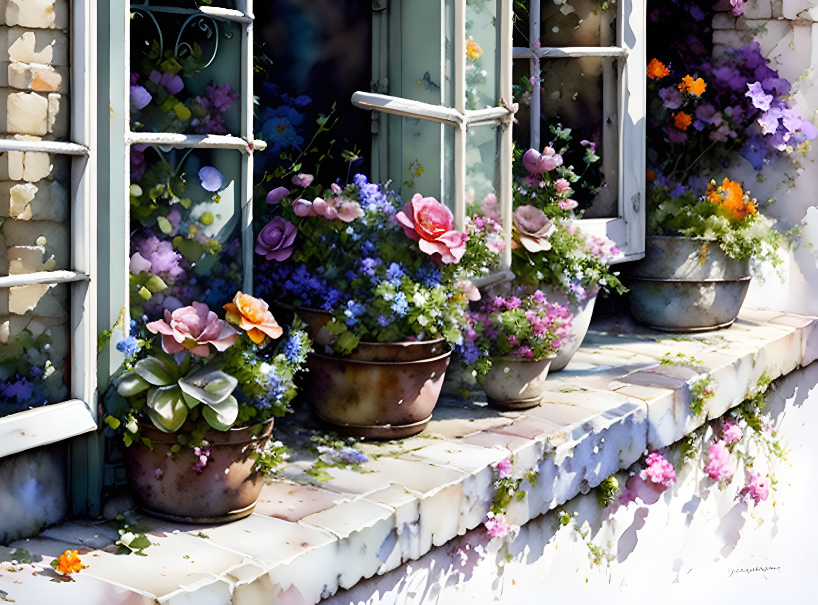 Colorful potted flowers on sunlit windowsill with open windows and falling petals