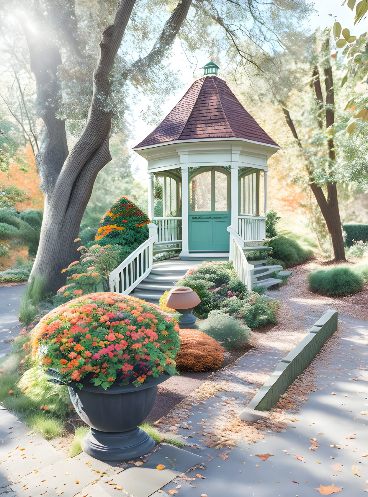 Lush garden gazebo with colorful flowers and footpath