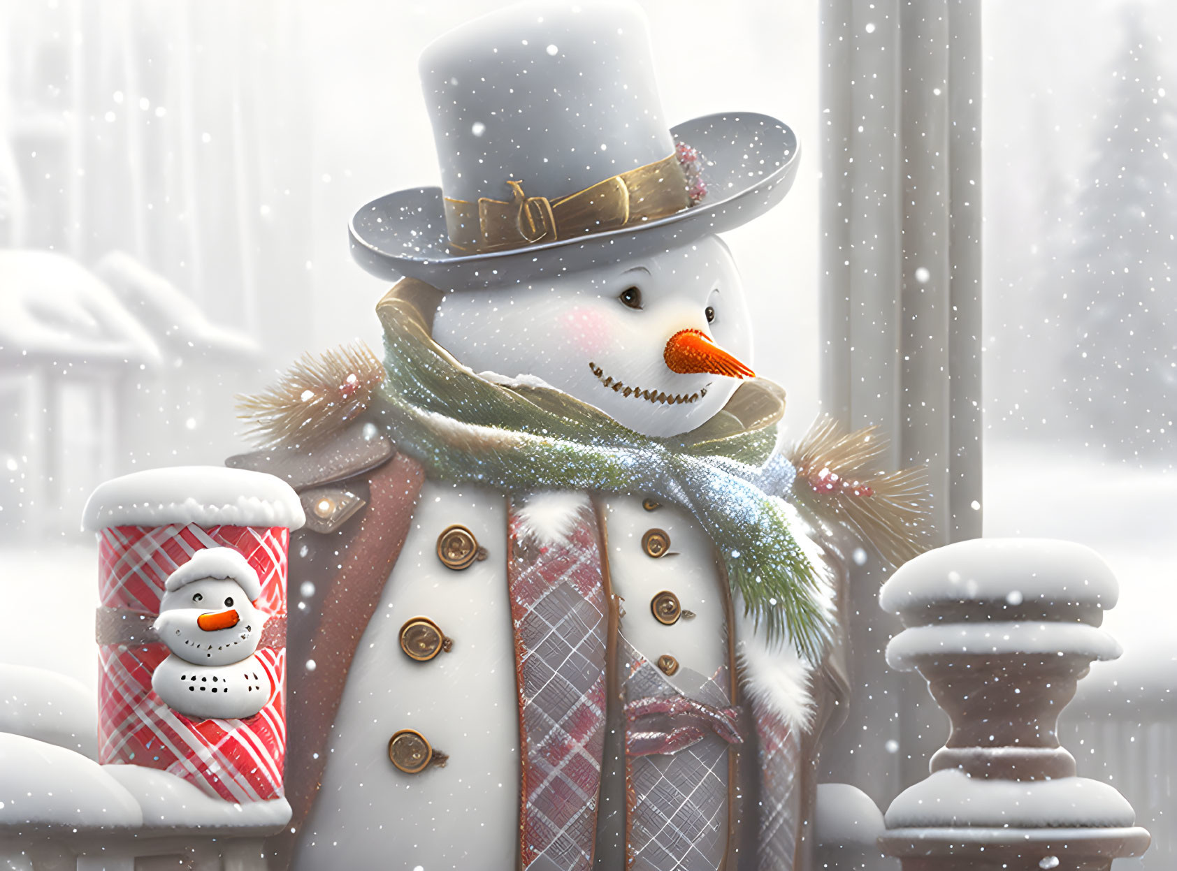 Snowman in top hat, scarf, coat next to lamp post in gentle snowfall