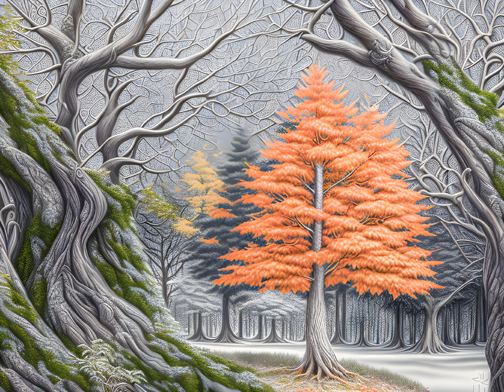 Surreal autumn tree in intricate forest scene