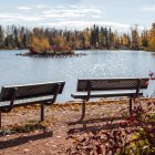 Tranquil Lake Scene with Benches, Autumn Leaves, and Mountains