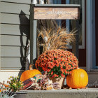 Fall-themed porch with pumpkins, chrysanthemums, and autumn leaves