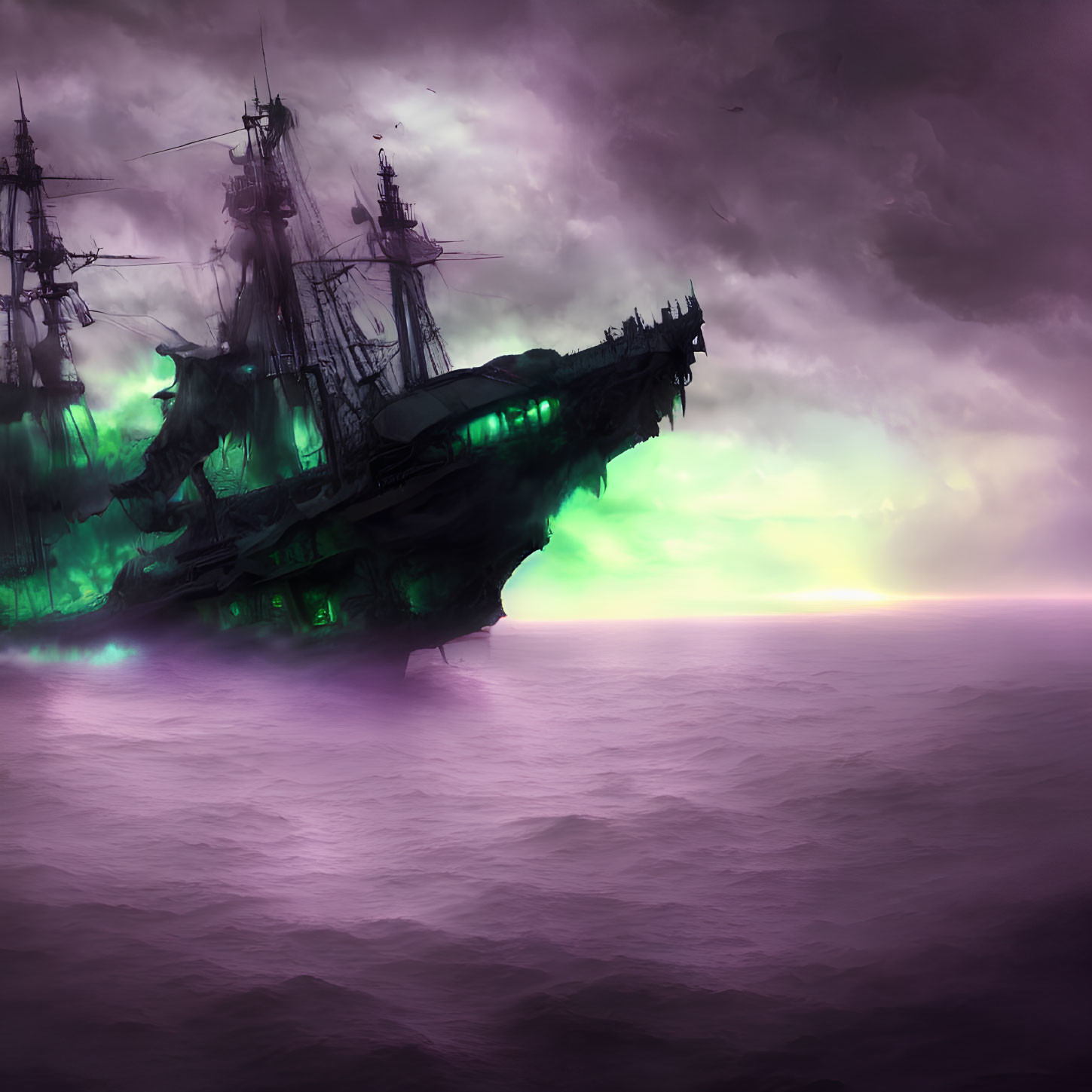 Ghostly Pirate Ship Sailing on Purple Sea Under Stormy Sky