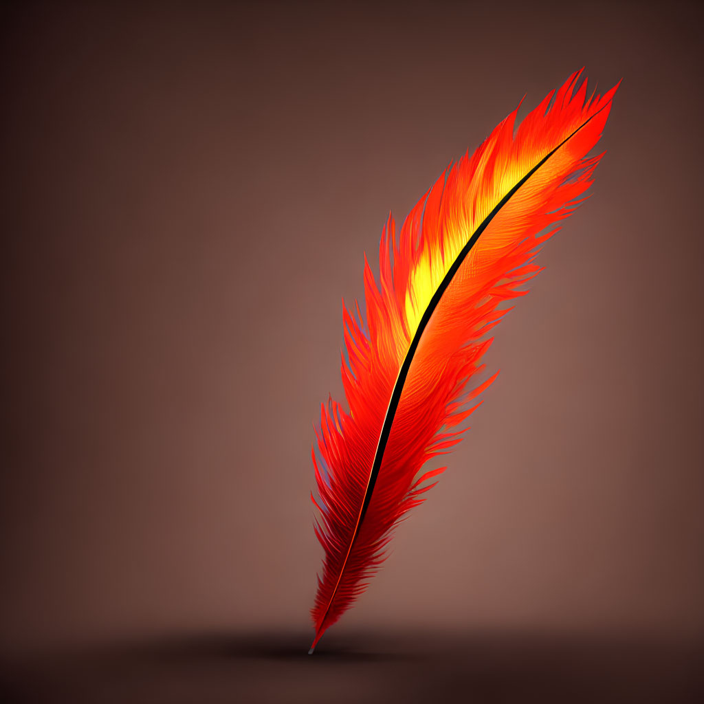 Vibrant orange and red feather on muted brown background