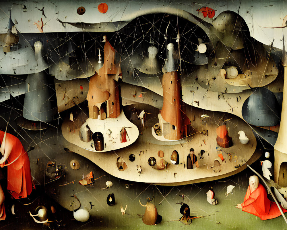 Fantastical towers and bizarre creatures in surreal landscape