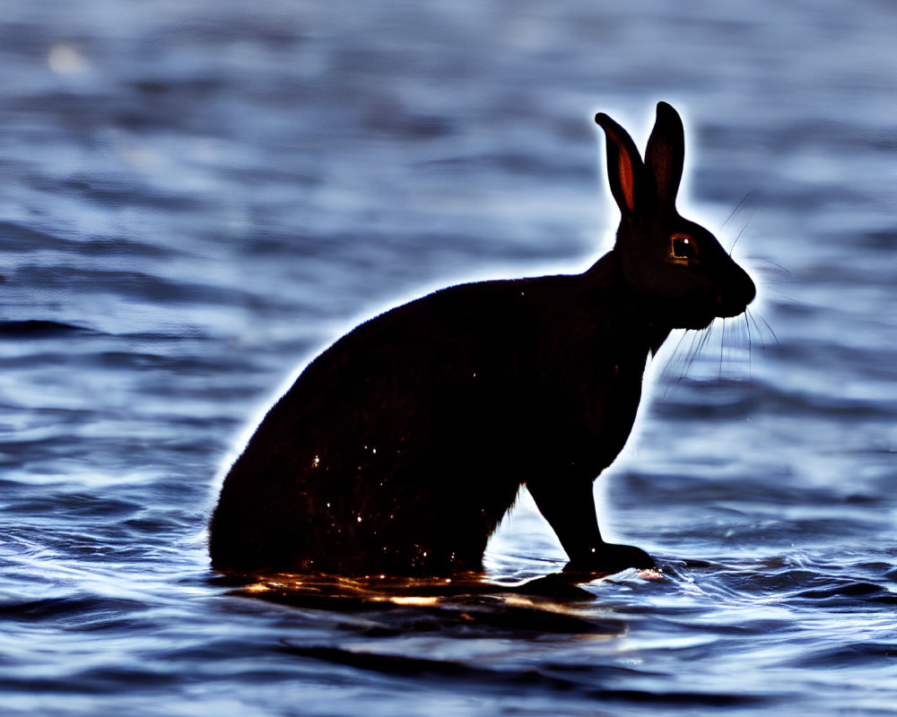 Rabbit silhouette in shallow water under sunlight