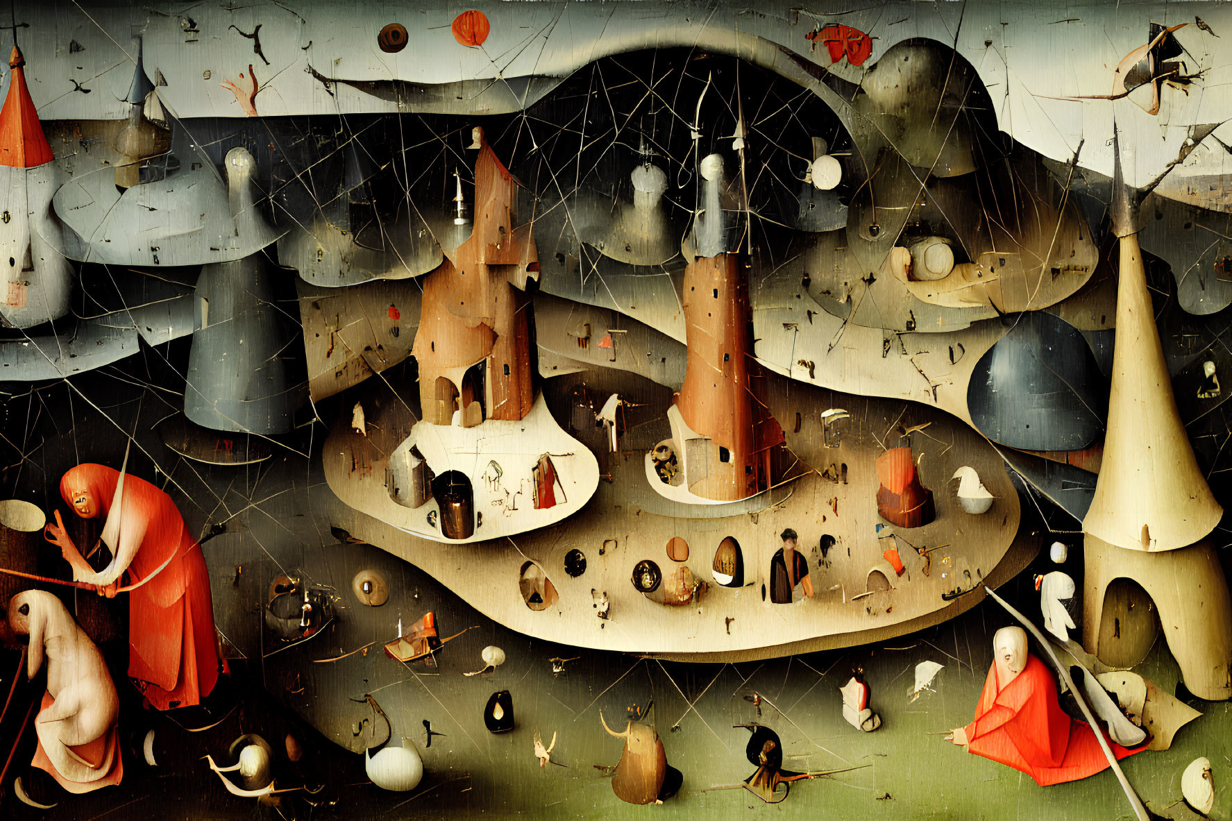 Fantastical towers and bizarre creatures in surreal landscape