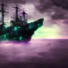 Ghostly Pirate Ship Sailing on Purple Sea Under Stormy Sky