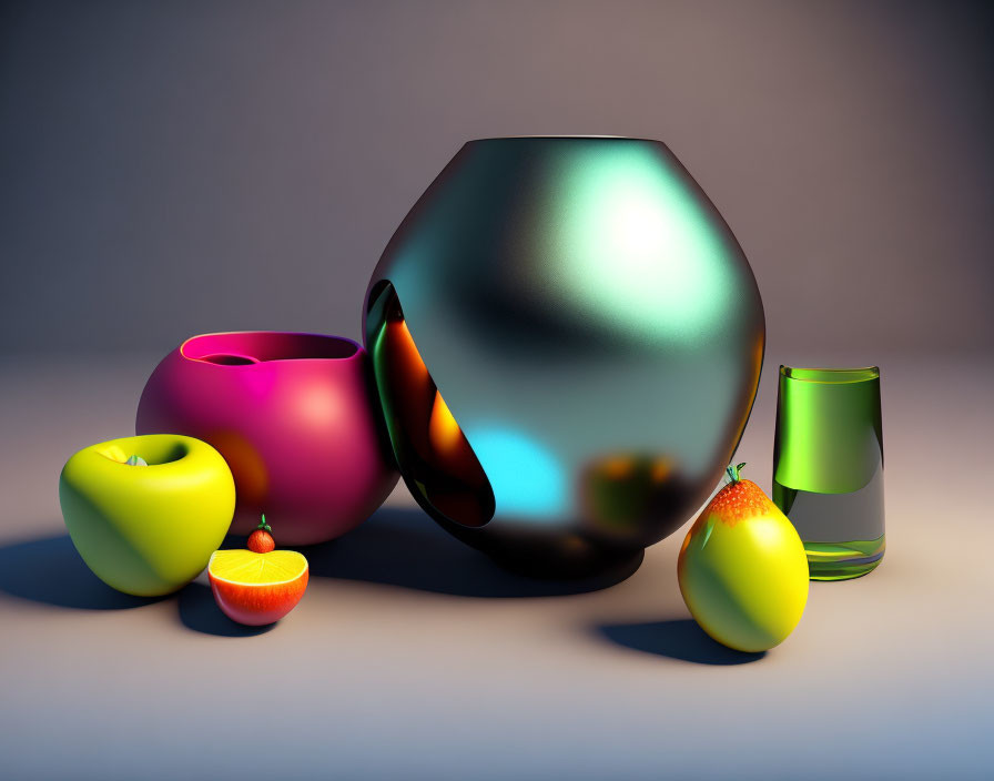 Colorful Vases, Apples, and Halved Orange on Table with Soft Lighting