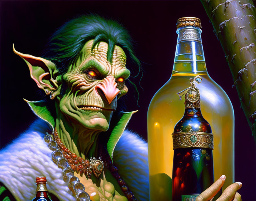 Green-skinned goblin character with pointed ears holding a bottle near a tree