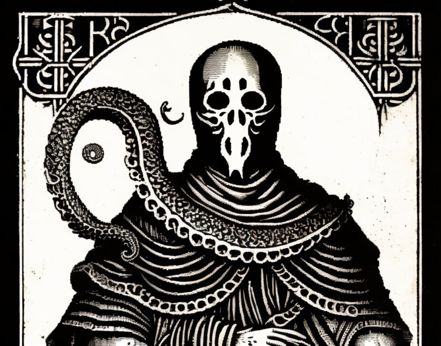 Monochrome illustration of skull-faced figure with tentacles and ornate robes