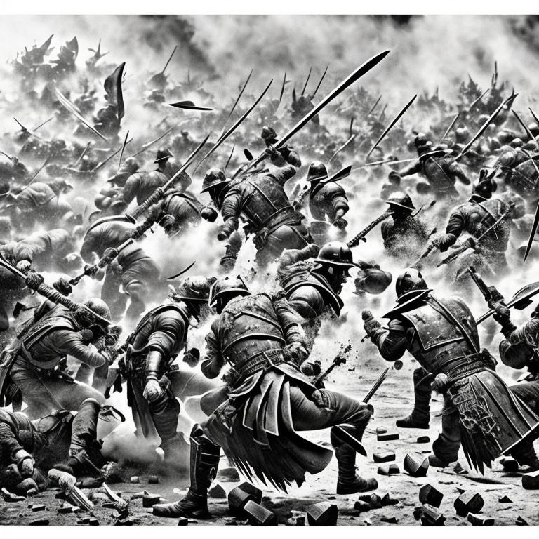 Monochrome intense battle scene with warriors in armor and swords.