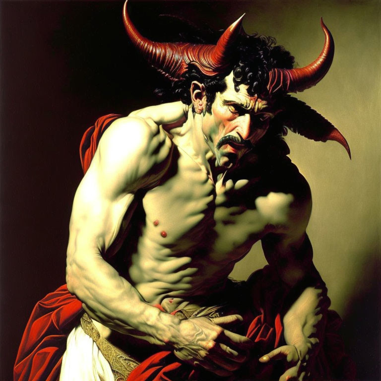 Muscular figure with horns and red cloth on dark background