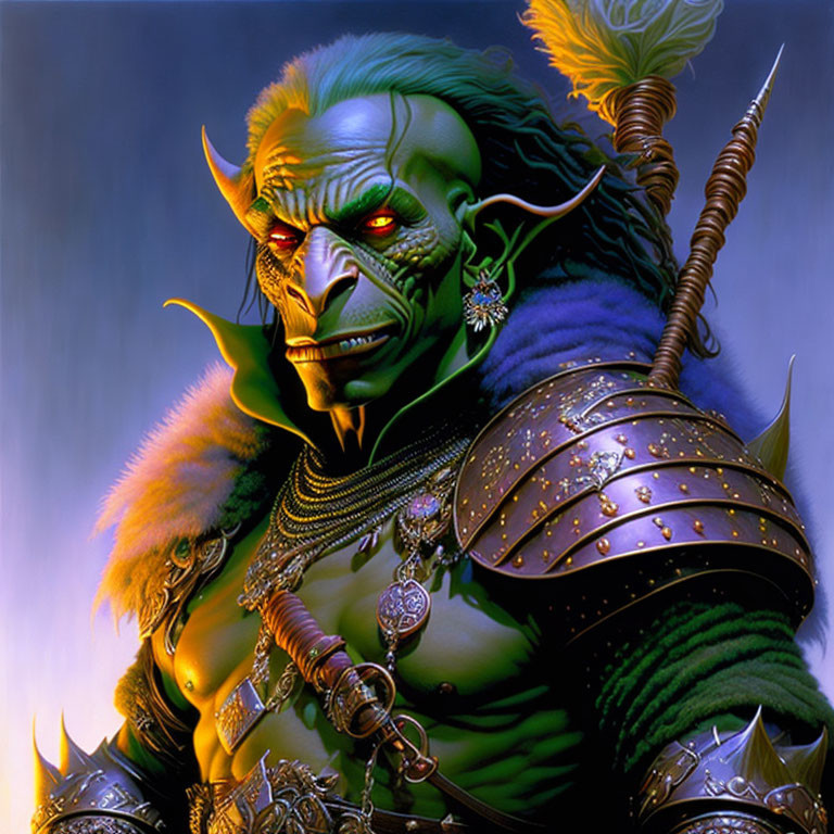 Detailed Illustration: Orc with Green Skin, Red Eyes, Armor, Furs, and Spear