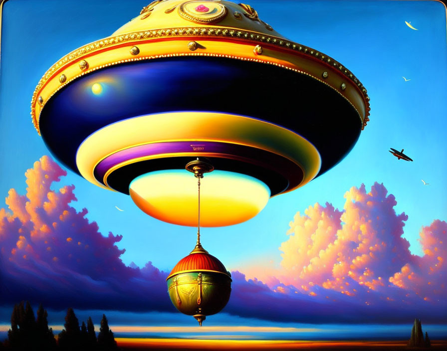 Colorful ornate UFO hovers in vibrant blue sky with fluffy clouds and birds