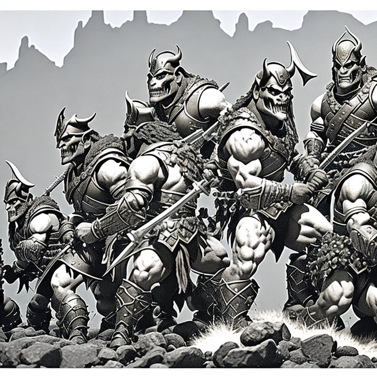 Fantasy orc warriors in armor with weapons on rocky terrain