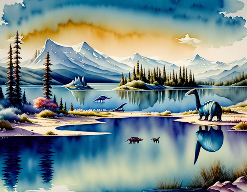 Colorful Lakeside Landscape with Mountains and Dinosaur Silhouettes