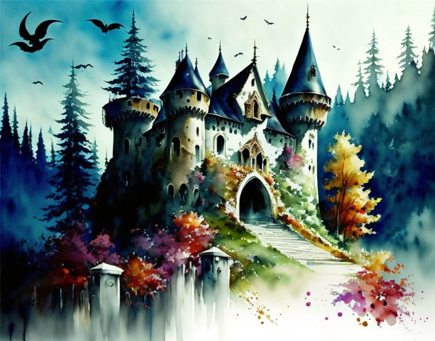 Whimsical castle and bats in autumn forest scenery