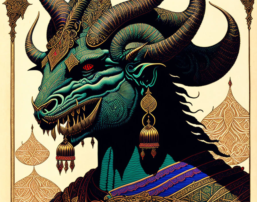 Mythical creature illustration: dragon and ram fusion with golden jewelry.