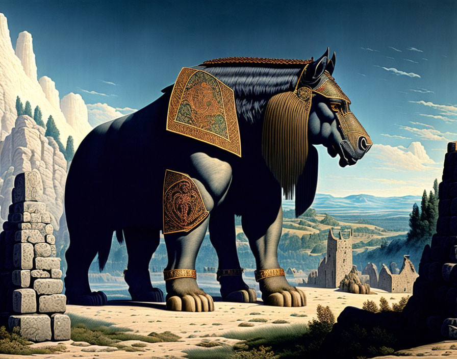 Majestic black horse in surreal landscape with ancient ruins