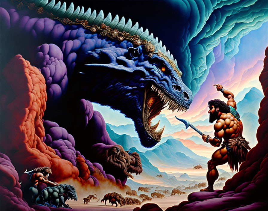 Muscular warrior battles blue dragon in colorful landscape.