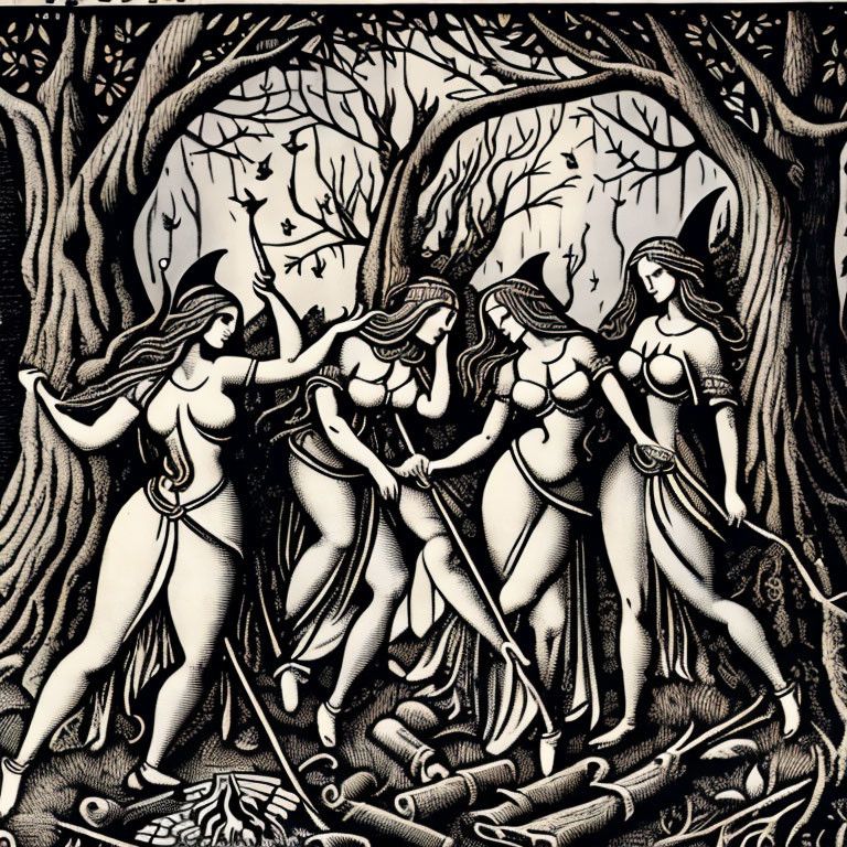 Stylized women in forest with intricate trees and birds in black and white