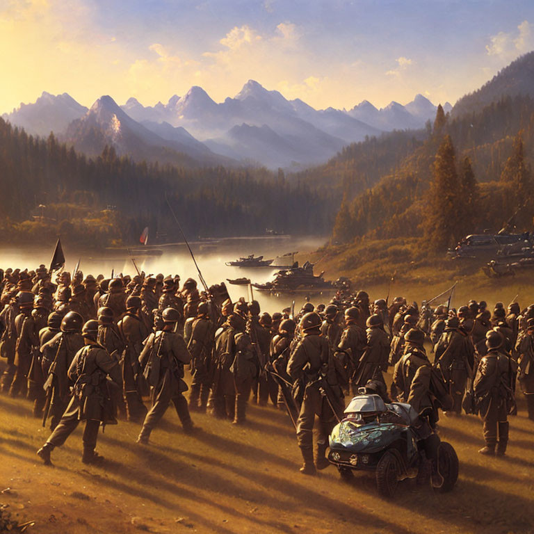 Historical army in uniforms marching through forest towards river and mountains at sunset