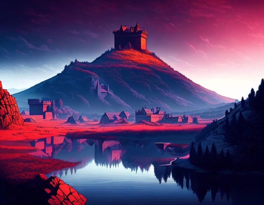 Digital art of castle on hill at sunset with village and lake