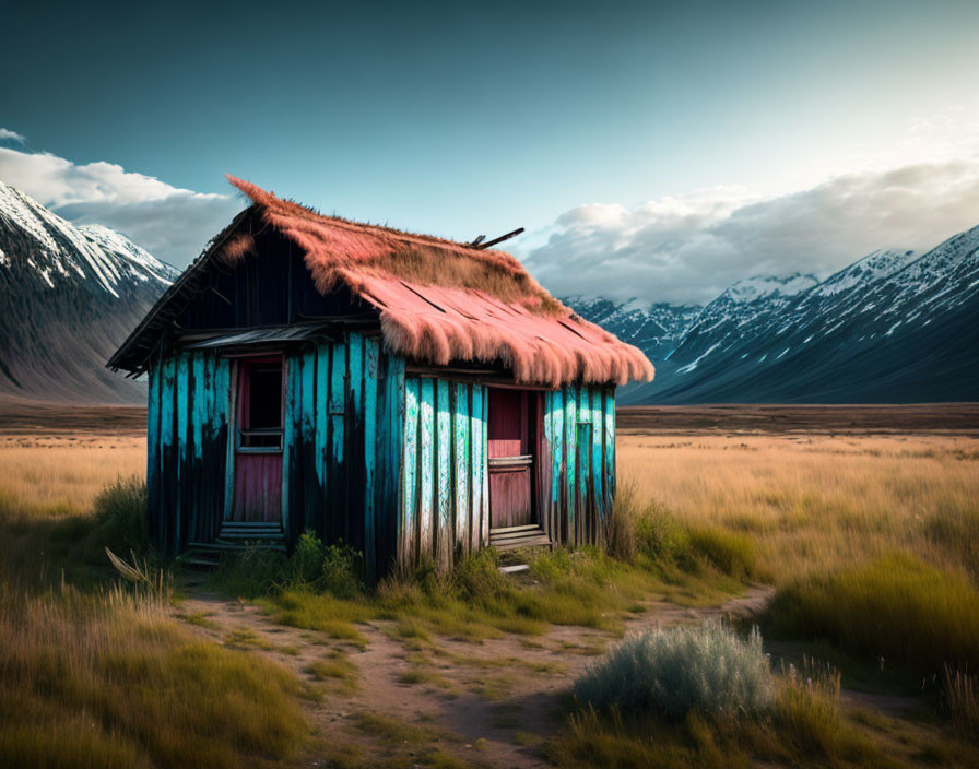 Weathered Blue Cabin with Thatched Roof in Tranquil Valley surrounded by Snow-Capped Mountains