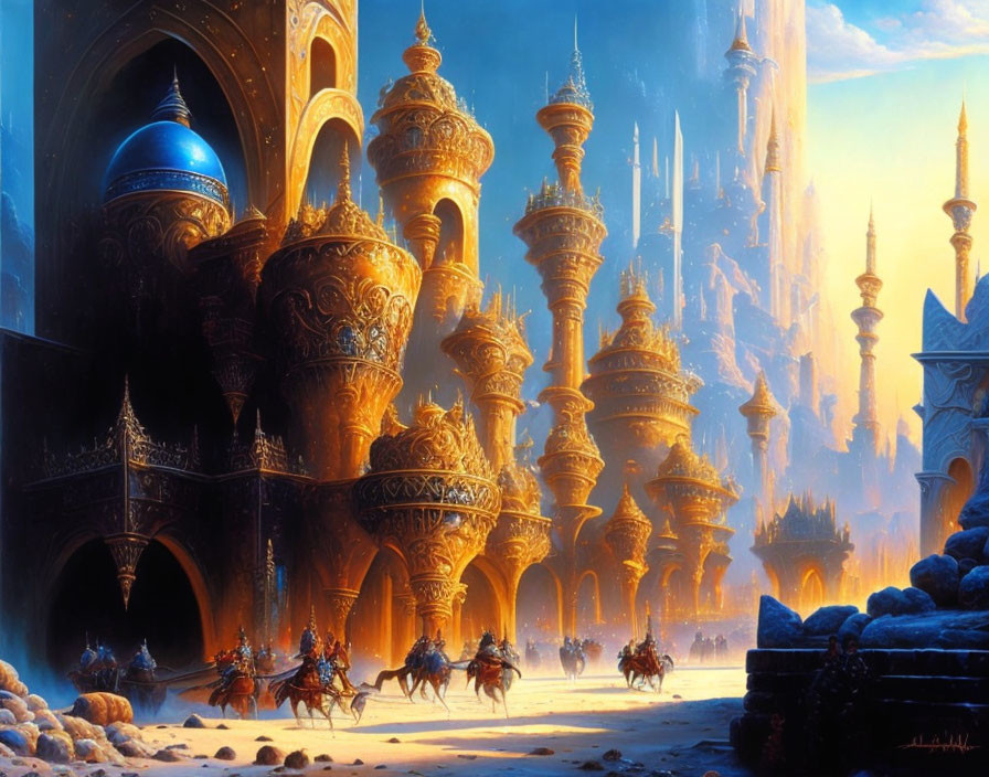 Fantastical city with golden spires and blue domes under sunlight, horseback riders approaching through