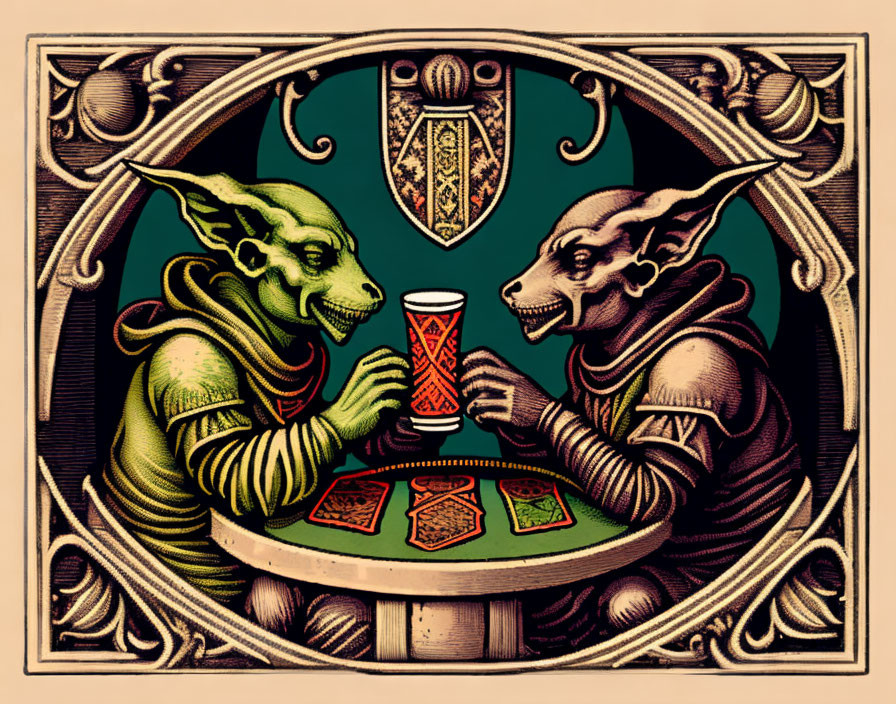 Fantastical goblins playing cards in ornate vintage frame