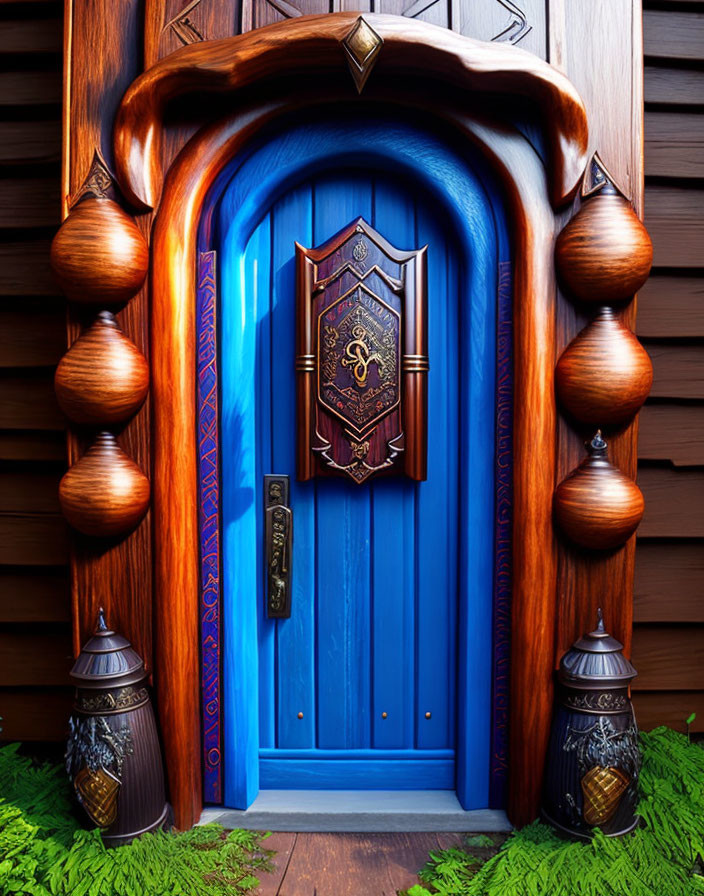 Blue Wooden Door with Diamond Window and Brass Hardware