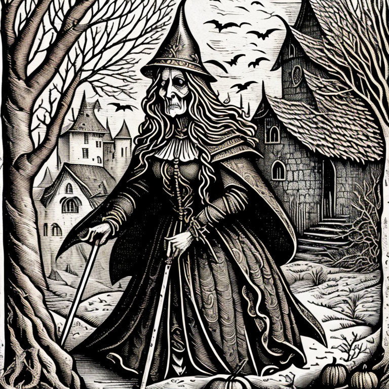 Monochrome witch with pointed hat and staff near tree, castle, and bats.