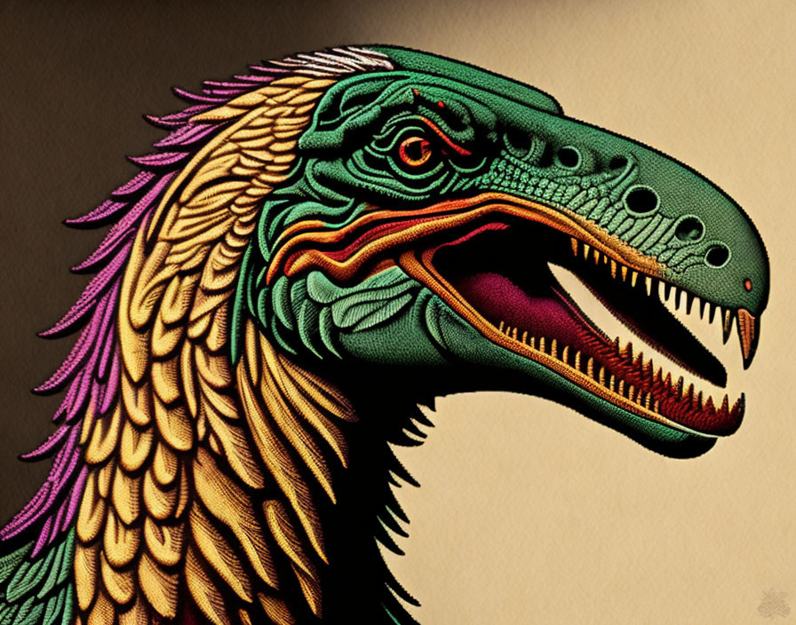 Stylized dinosaur head with vibrant green scales and colorful feather-like details