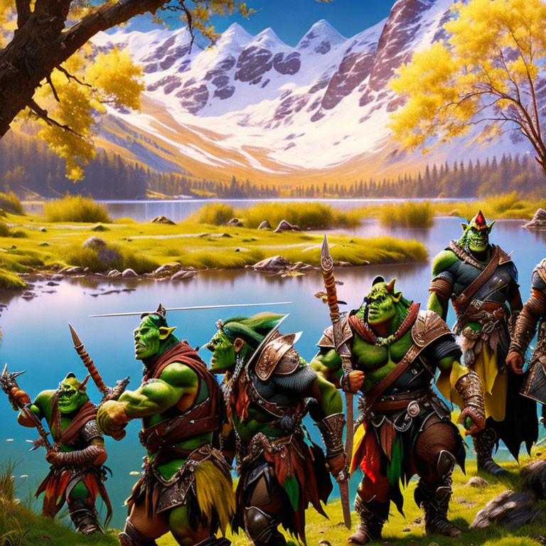 Fantasy orcs with medieval weapons in front of serene lake and snow-capped mountains