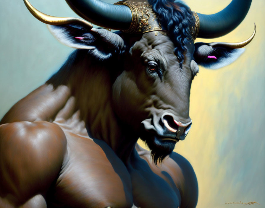 Majestic bull with gold-adorned curved horns and powerful muscles