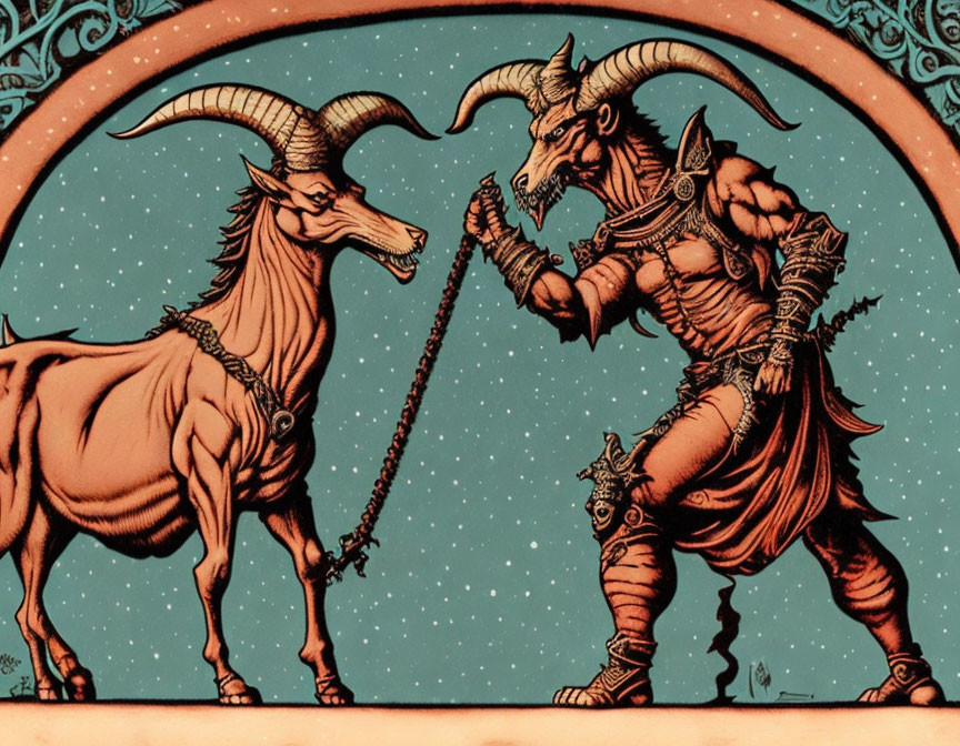 Two upright goat-like creatures touching horns with chain between them