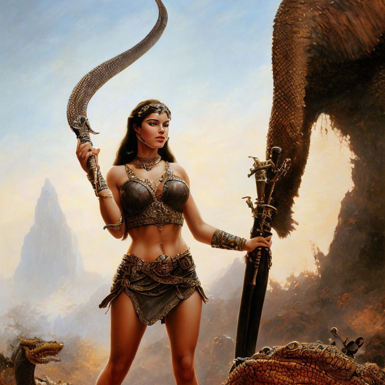 Warrior woman in ornate armor with sword and staff, surrounded by snakes and elephant-like creature