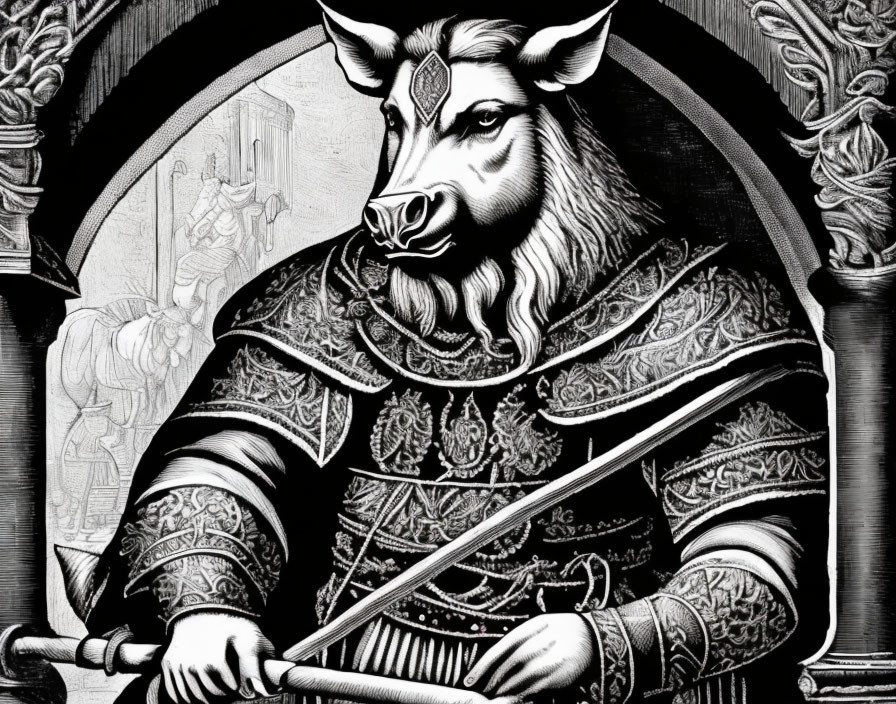 Detailed portrait of bovine character in medieval armor with sword against Gothic arch.