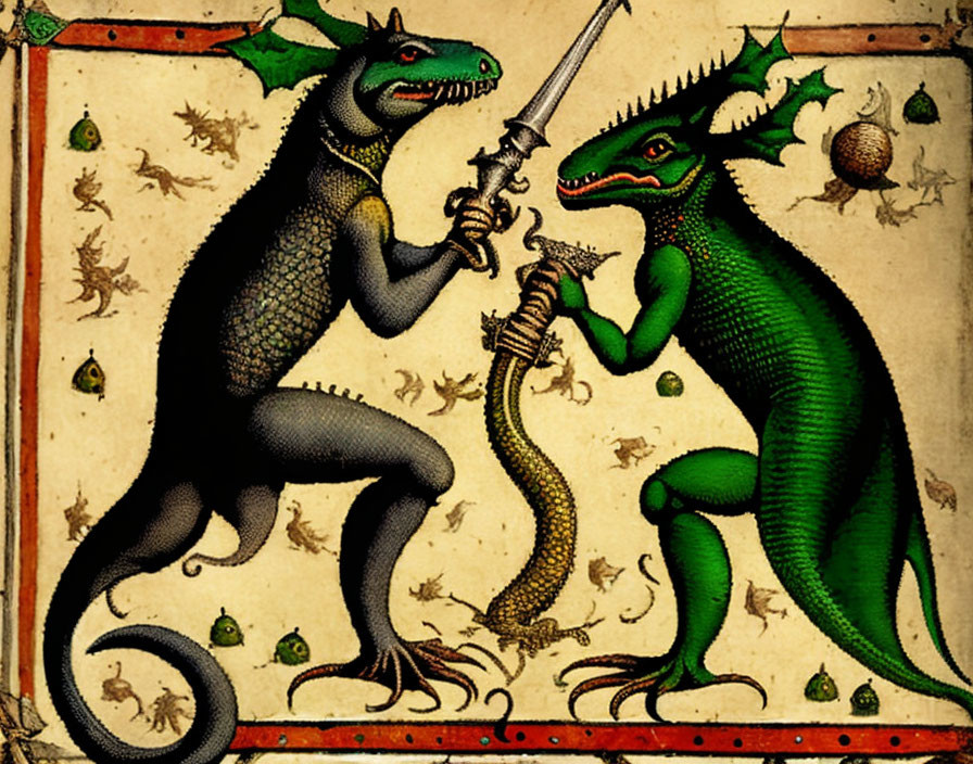 Medieval manuscript with two dragons holding sword and horn in decorative border