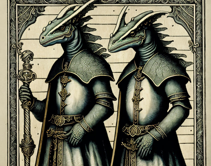 Anthropomorphic dragons in armor with ornate vintage style