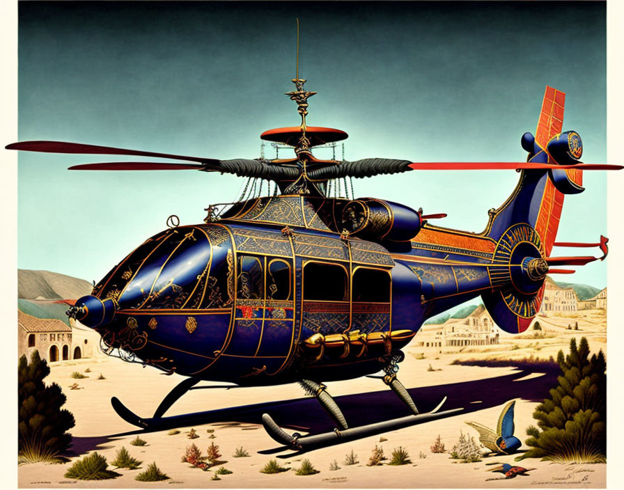 Intricately designed gold and blue helicopter on sandy terrain