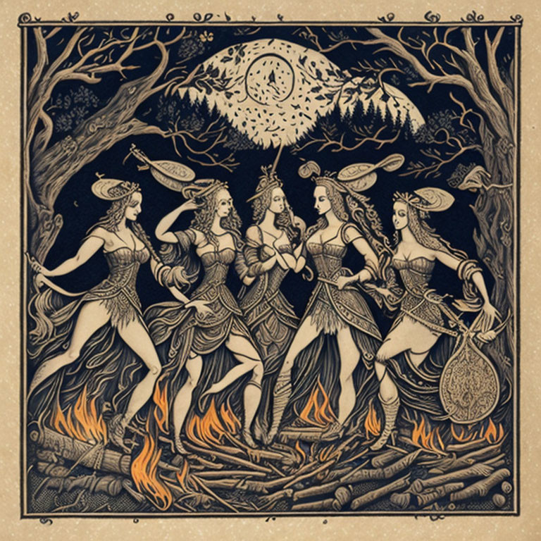 Vintage Style Illustration: Five Women Dancing Around Fire in Forest Under Crescent Moon